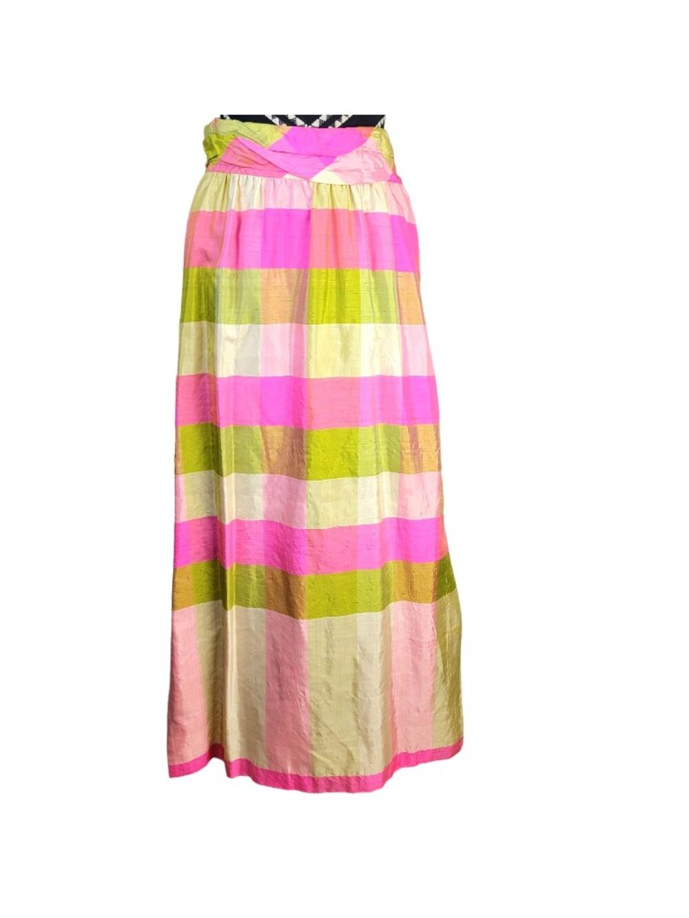 Vintage 70s Colorful Silk Maxi Skirt Women 28 8 Pink Green Formal Spring S check